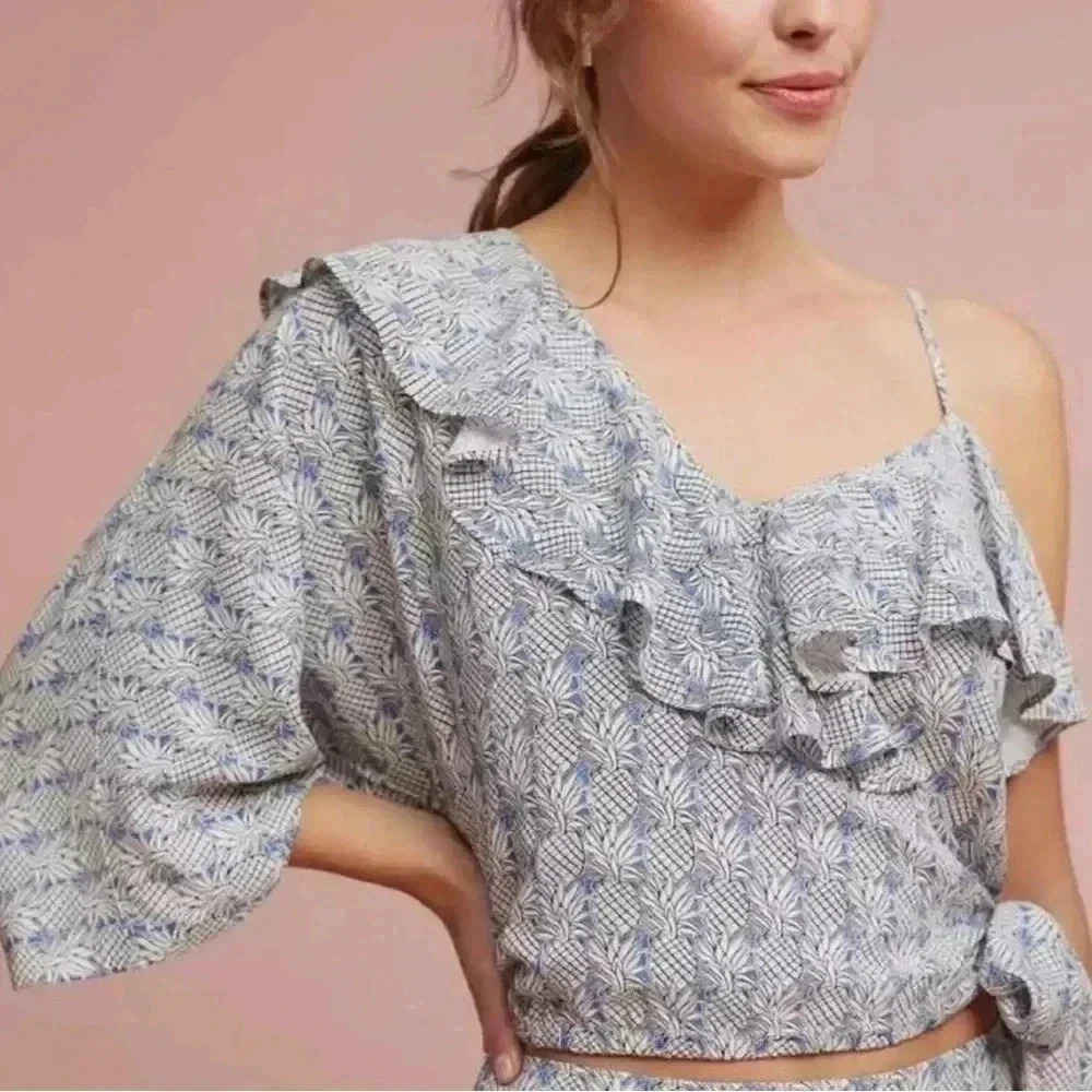 Maeve Imelda Pineapple Print Blue & White One Shoulder Cami Blouse Size Large